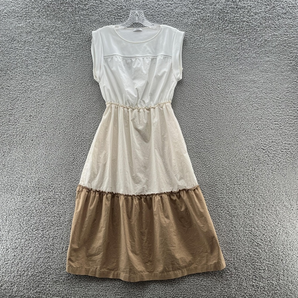 Peserico Dress XS Beige White Colorblock Sleeveless Tiered Midi Made Italy